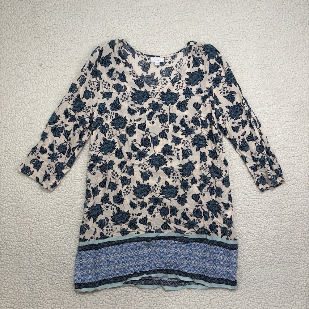 J Jill Tunic Top Womens M Blue Floral V Neck Border Print Rayon Boho Coastal